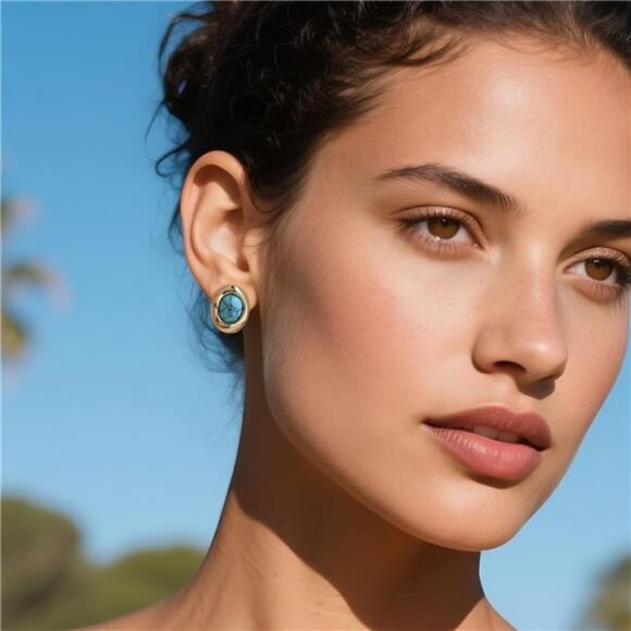 โจ Vintage Turquoise Stud Earrings | 14K Gold Plated Retro Bazel Design โจ - Picture 2 of 5